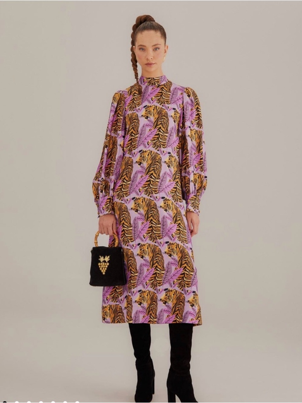 FARM Rio Lavender and Gold Tiger-Print Long Sleeve Midi Dress